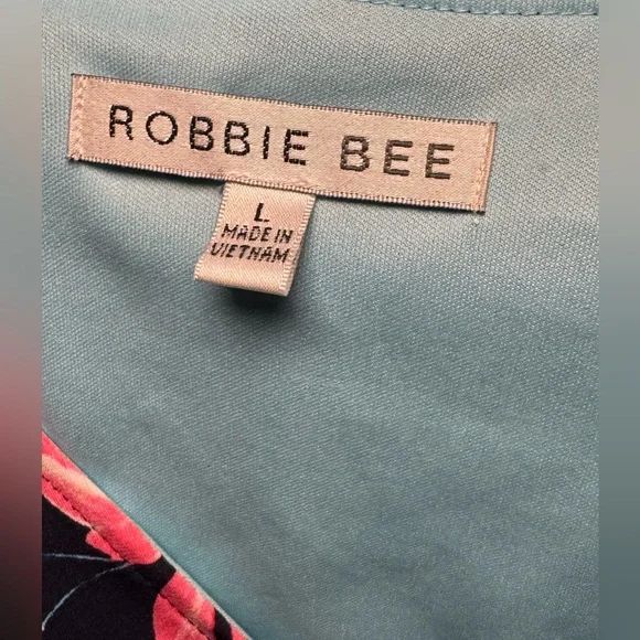 Robbie Bee Women's Navy Blue Pink Floral V Neck Dress Ruffled Size L AB 531 - Picture 6 of 7